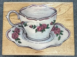 1997 All Night Media~ROSE TEA CUP Saucer~204J Rubber Stamp Wood Block~Victorian - Picture 1 of 4