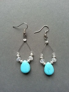 Earrings Handmade Natural Turquoise Teardrop & Clear Crystal Loop Drop Dangle - Picture 1 of 1