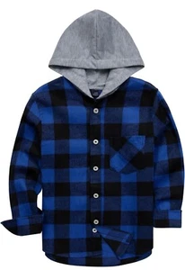 Siliteelon Boy/Toddler 2-3T Blue/Black Plaid Flannel Button Down Hoodie Shirt - Picture 1 of 9