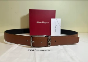ADJUSTABLE REVERSIBLE RADICA/NERO LEATHER SALVAT0RE FERRAGAMO BELT GUNMETAL BUCK - Picture 1 of 10