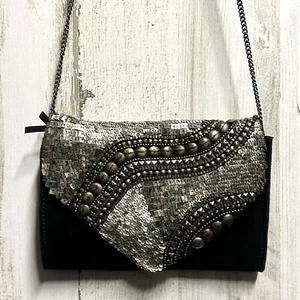 Ecote Urban Outfitters Black Suede Envelope Clutch Boho Crossbody Chain Beaded - Picture 1 of 9