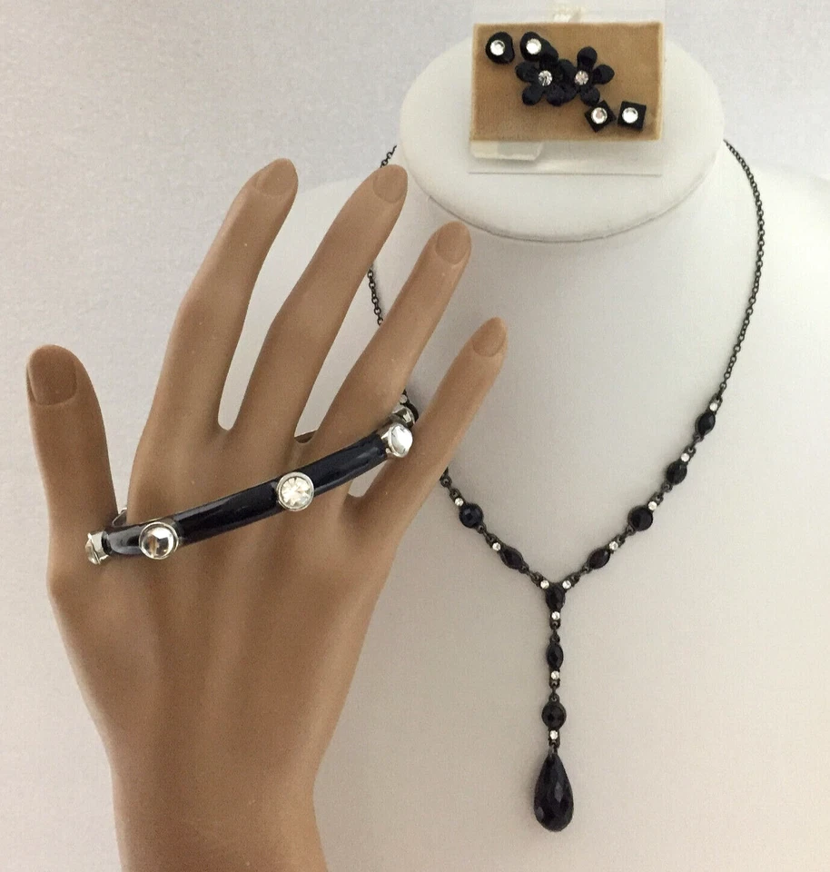 Collar Pulsera Pendientes Negro Esmalte Transparente Estrás Lote Vintage 5 Piezas Foto 1 de 4