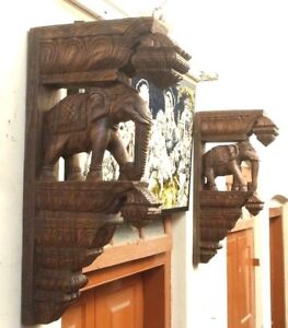 Elephant Corbel Pair Handcarved Wooden Bracket Estate Wall Elefant Home Decor US