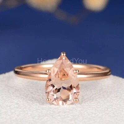Anillo de compromiso de oro rosa sólido de 14 k con morganita natural y diamantes talla pera de 1 quilate Foto 1 de 4