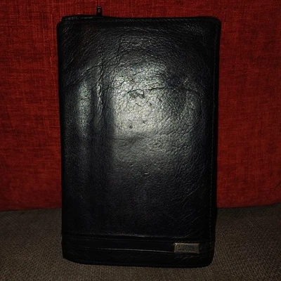 VINTAGE PIERRE CARDIN LG BLACK LEATHER SLIM BIFOLD WALLET ZIP COIN SECTION 17X4" - Image 1 of 4