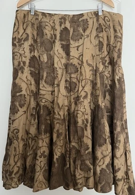 Lauren Ralph Lauren Linen Midi Skirt Brown Floral A-Line Flared Godet Panels 16W - Image 1 of 3