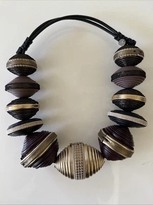 Giulia Boccafogli Chunky Leather Statement Necklace, Black/Gold/Brown - Image 1 of 4