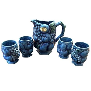 Vintage Inarco Mood Indigo Pottery 5pc set Pitcher and Mugs Cups E-2853 Blue - Picture 1 of 8