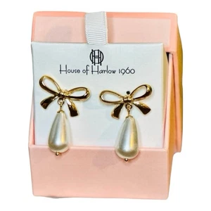House Of Harlow 1960 Bow Glass Pearl Dangle Earrings Push Back - New In Box - Picture 1 of 2