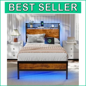 Twin LED Bed Frame with USB Charging & Rustic Storage Headboard - No Box Spring - Picture 1 of 10