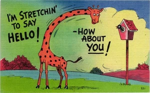 COMIC Giraffe ~ I'm Stretchin' to Say Hello ~ Vintage Postcard - Picture 1 of 2