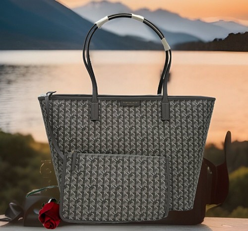 Borsa shopper originale nuova con etichette Tory Burch sempre pronta con zip rivestita in tela in zinco
