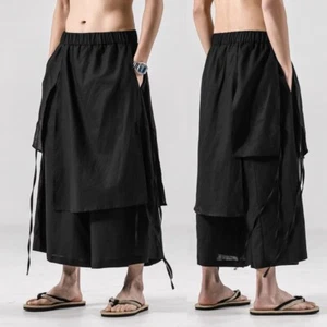 Pantalones cortos de pierna ancha estilo oscuridad para hombre falda informal suelta algodón lino talla - Imagen 1 de 19