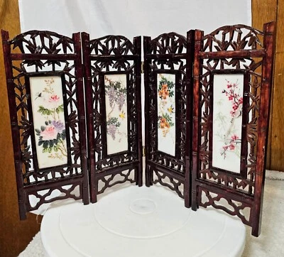 Chinese 4 panel Folding Table Screen Panda Floral & Bird Design 14 3/4 X 9 1in - Image 1 of 4