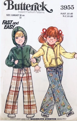 Vintage Butterick Pattern 3955 | Boys & Girls Hooded Sweatshirt & Pants | Size 3 - Image 1 of 2
