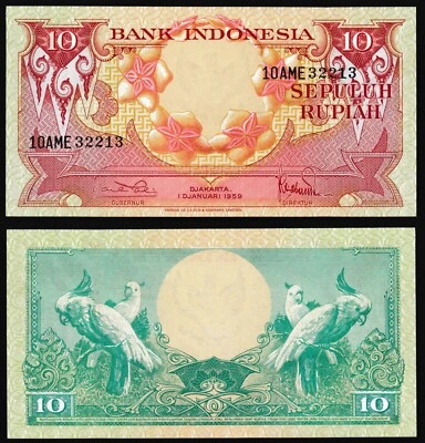 Indonesia 10 rupiah 1959 Orchid Flowers & Cockatoo Birds P66 Prefix 10AME UNC - Image 1 of 4
