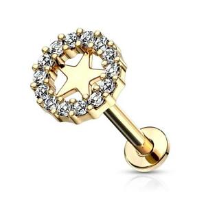 Internally Threaded Gold Ion Plated Labret CZ Paved Circle with Star Centre