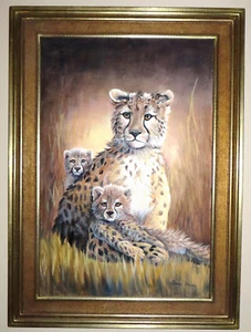 Original Oil Painting of Mother Cheetah and Cubs - 20 x 30" - Picture 1 of 1