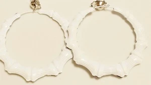 CLIP-ON EARRINGS WHITE BAMBOO HOOP EARRINGS 4 INCH HOOPS 100MM - Picture 1 of 1