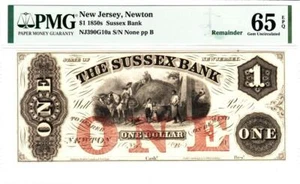 1850's $1 Sussex Bank, Newton New Jersey- PMG Gem Uncirculated 65EPQ- WOW RARE! - Picture 1 of 1