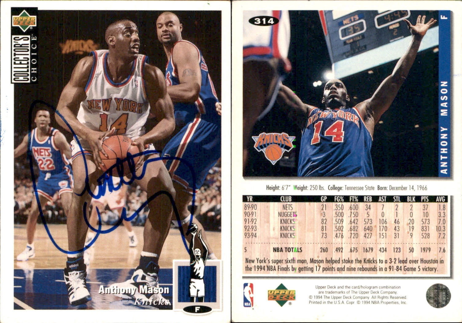Anthony Mason Signed 1994-95 Collector's Choice #314 Card New York Knicks