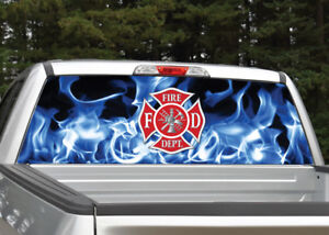 Firefighter Emblem Flames Blue Fire Rear Window Decal Graphic for Truck SUV