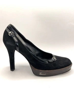 Gucci Tacones Plataforma Gamuza Negros Plateados Detalle Mordida de Caballo Talla 37 C Hecho en Italia Foto 1 de 4