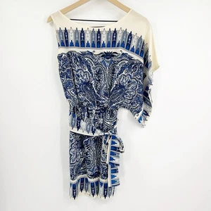 BCBGMAXAZRIA Leia Ivory Blue Print Silk Belted Dress XS Paisley Grecian Party - Picture 1 of 8