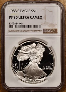 1988-S Silver Eagle ASE NGC PF70 UCAM Perfect spot-free! DavidKahnRareCoins - Picture 1 of 2