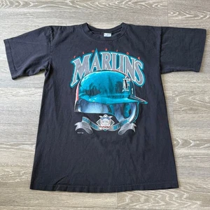 Vintage 90s Florida Marlins MLB Helmet Graphic T-Shirt Salem Sportswear Black M - Picture 1 of 6