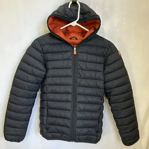 Save The Duck Ultra Light Puffer Jacket Black Plumtech Vegan Hood Boy's Size 14 - Picture 1 of 12