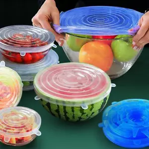 6pcs Silicone Stretch Lids Reusable Bowl Covers Microwave Food Storage Cap - Picture 1 of 28