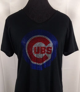 Women's Chicago Cubs Rhinestone baseball V-neck T-Shirt Tee Bling Lady - Picture 1 of 1