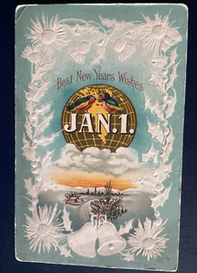 Postcard New Years Jan 1 Embossed Country Scene Globe Samson Brothers  C69 - Picture 1 of 2