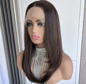 Brown HD Front Lace Free Part Human Hair Blend Highlights - Picture 1 of 4