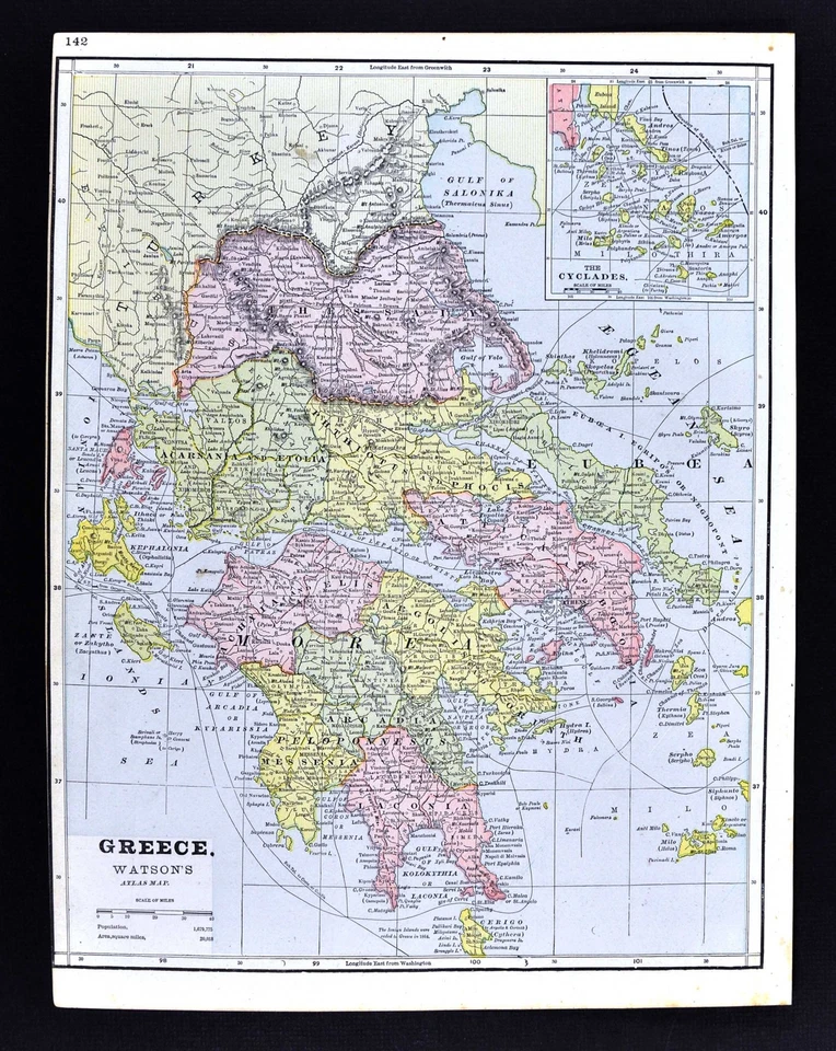 1891 Watson Atlas Map - Greece - Athens Thessaloniki Patras Piraeus Heraklion - Image 1 of 1