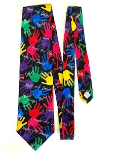 Vtg 1996 Ralph Marlin Fathers Day Silk Tie Hands Art I LOVE My Daddy Necktie - Picture 1 of 3