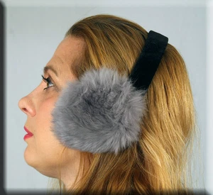 New Grey Rabbit Fur Ear Muffs Velvet Band - Efurs4less - Picture 1 of 1