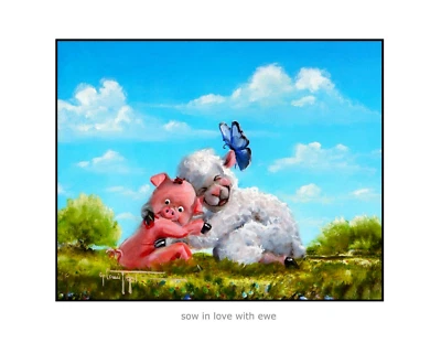 Pig Sheep Art Print 8 x 10 Nursery "Sow in Love with Ewe" Farm Folk Barn C Togel - Image 1 of 4