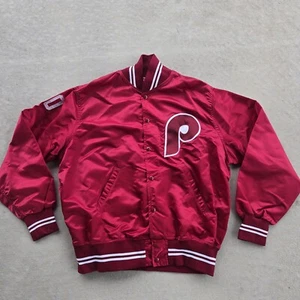 Vintage 80s Size 48 Philadelphia Phillies Baseball Bomber Jacket Satin Red #50 - Picture 1 of 13