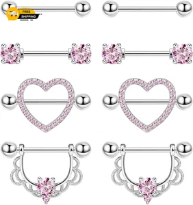 4Pairs 14G G23 Titanium Nipple Rings for Women Heart Flower CZ Barbell Nipple - Picture 1 of 15