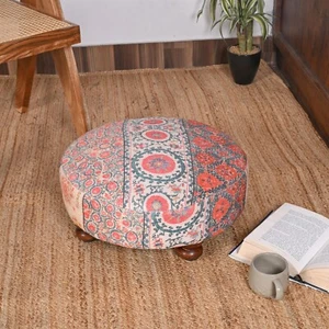 Vintage-Inspired Round Ottoman with Intricate Floral Design - Picture 1 of 5
