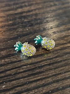Cute Pineapple Enamel Rhinestone Earrings Pierced Gold Tone Metal - Picture 1 of 5
