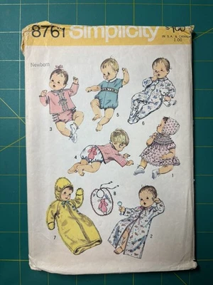 Simplicity 8761 Sewing Pattern Newborn Sleeper Dress Bib VTG Precut - Image 1 of 3