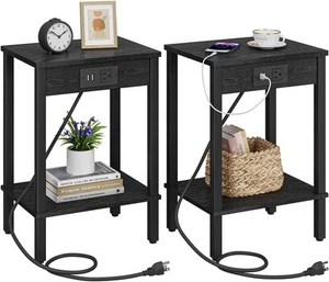 Set of 2 End Table with Charging Station, Narrow Side USB Black - Picture 1 of 6
