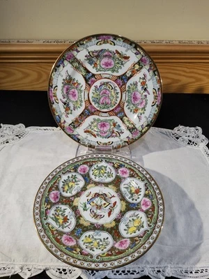Par de platos de porcelana de cantón medallón mariposa rosa familia china Guangzhou Foto 1 de 4
