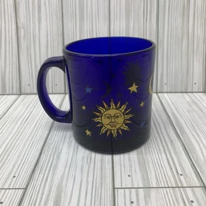VTG Libbey Cobalt Blue Sun Moon Stars Coffee Mug Celestial 90s Friends Style - Picture 1 of 5