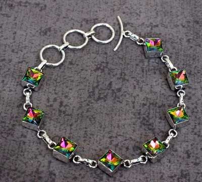 925 Silver Plated Rainbow Mystic Topaz Faceted Bracelet Size 9" AU L705 Foto 1 de 3