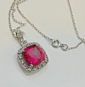 14k Ruby Pendant Necklace White Sapphire Accents White Gold Halo 18 Inch Chain - Picture 1 of 10