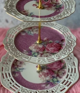 Rosette Floral 3 Tier Round Server Tray Lattice Rose & Gold Border Tea Time - Picture 1 of 6
